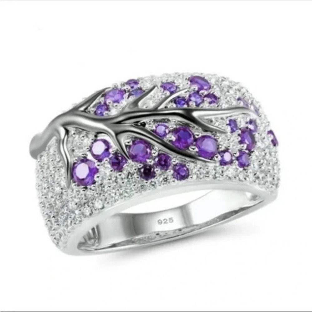 925 Silver Tree Branch Ring Purple CZ Statement Nature Ring NWT